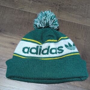 adidas Green and White Pom-Top Knit Beanie with Yellow Accents